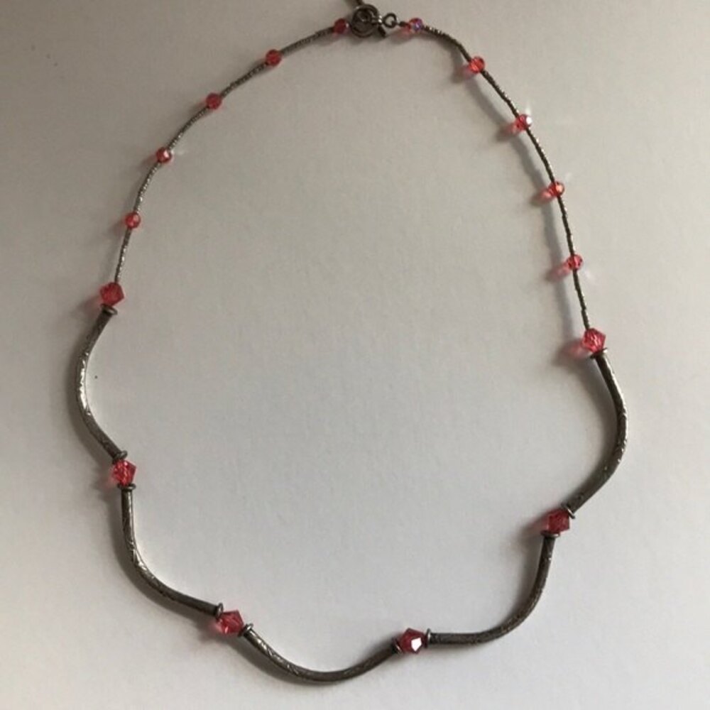 Vintage Sterling Silver Curved Carved Tube Beads Swarovski Crystal Necklace 17.5 - Picture 5 of 8